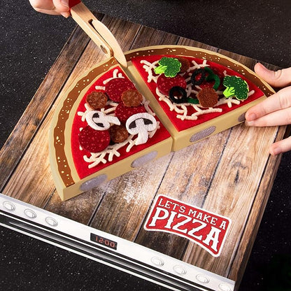 Let's Make a Pizza - Pretend Food Playset with 4 Wooden Pie Slices, 140 Felt Toppings, Wood Roller, and 3-in-1 Cardboard Box Prep Station, Oven, & Serving Table - Cute Cooking Toys for Boys & Girls