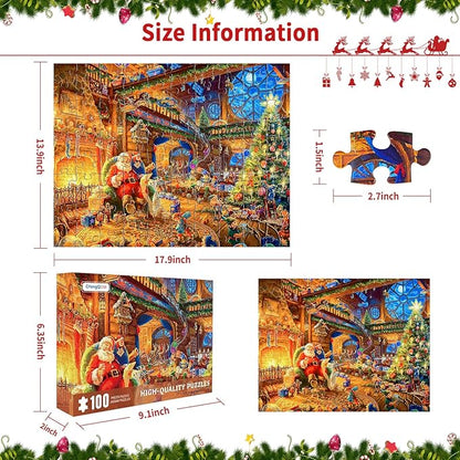 Christmas Puzzle 100 Piece Puzzles for Kids, 100 Piece Puzzle Santa Claus Puzzle 100 Pieces Puzzles for Adults Christmas Puzzle Santa's House for Kids Ages 6-10 Brain Teaser
