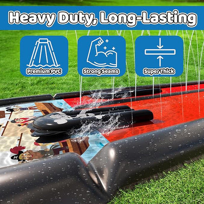JAMBO 22Ft Water Slide and 2 Bodyboards, Extra Long Heavy Duty Slip Splash and Slide with Inflatable Bumpers, Pirate Splash Mat Water Sprinkler, Outdoor Water Toys, Summer n Toy, Splash Pad