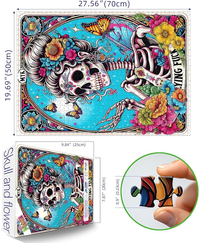 Halloween Sugar Skull 500 Piece Jigsaw Puzzle for Adults Day of The Dead Puzzle with Vibrant Floral Skull Butterflies Playing Cards Art Challenging Adult Jigsaw Puzzles for Game Night(15"x23")