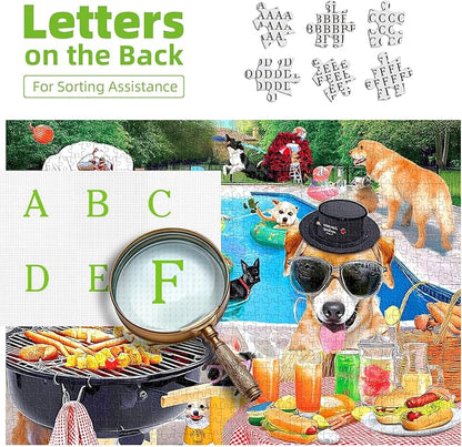 Dog Pool Party Puzzle for Adults 500 Piece Summer Funny Animal BBQ Jigsaw Puzzles with Letters on Back Unique Fun Family ChallengingPuzzles for Seniors Family (23"x15")