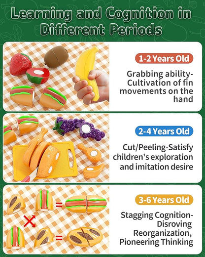 Pretend Play Food for Kids, Cutting Toy Food Set with Picnic Basket, Play Kitchen Accessories, Food Toys with Veggies, Fruits, Pizza Toy for Boys Girls Gift