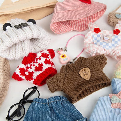 17cm Doll Clothing for Labubu - Kawaii Chic Style Set for 17cm Dolls, Premium Doll Outfit with Accessories - Khaki Wool Hat + Brown Romper + Black Jeans + Khaki Bag (Clothes Only)