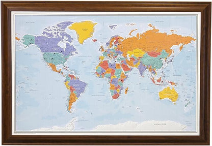 Push Pin Travel Maps - Blue Oceans World - Brown Frame Framed Pin Map for Tracking Your Travels - 27.5" x 39.5" - 8 Handcrafted Frame Options - Made in USA - Ideal for Any Traveler
