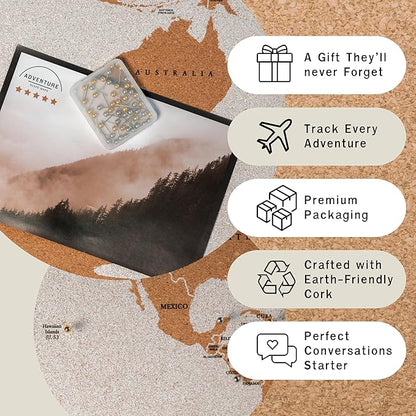 Push Pin World Travel Map – 30" x 20" Framed Cork Board Wall Art, Large Push Pin Map for Tracking Adventures, Unique Gift for Travelers, Couples, and Families