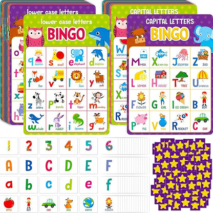 SpriteGru Alphabet & Numbers Bingo Game, Upper/Lowercase Letters, 52 First Words & 20 Numbers Learning- ABC and 123 Bingo Board Game for Kids 4-8, Perfect for Classroom & at Home (Up to 25 Players)