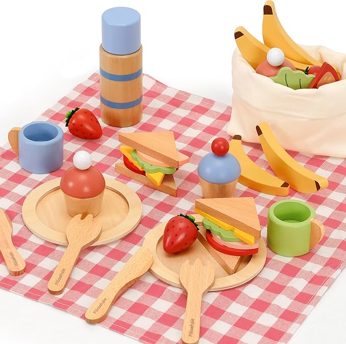 Wooden Picnic Play Set for Kids, 30-Piece Pretend Play Food Toy with Thermos, Sandwiches, Fruits, Utensils, Canvas Carry Bag & Blanket, Pretend Play Kitchen Accessories for Toddlers Age 3+