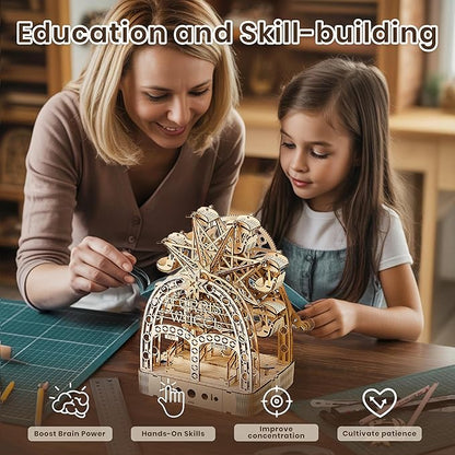 3D Wooden Puzzles for Adults: 3D Puzzle Light-Up Ferris Wheel with Music Box - 222psc Wooden Puzzles Model Building Kits Fun Gifts for Adult with Storage Box - Hobbies for Men Women
