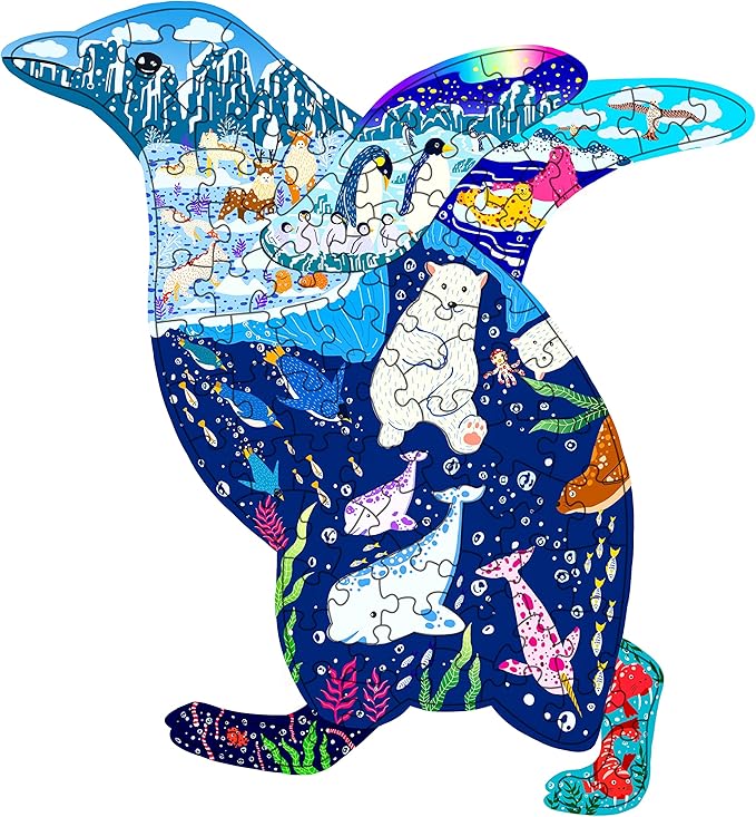 PINU Jigsaw Puzzles for Kids Ages 3-5, 6-8, 8-10, Children Colorful Fun Animal Shaped Puzzle Learning Educational Toys Gifts Games for Boys and Girls (Penguin-100 PCS)