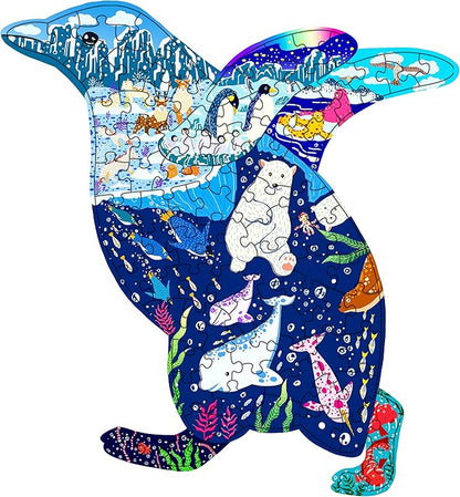 PINU Jigsaw Puzzles for Kids Ages 3-5, 6-8, 8-10, Children Colorful Fun Animal Shaped Puzzle Learning Educational Toys Gifts Games for Boys and Girls (Penguin-100 PCS)