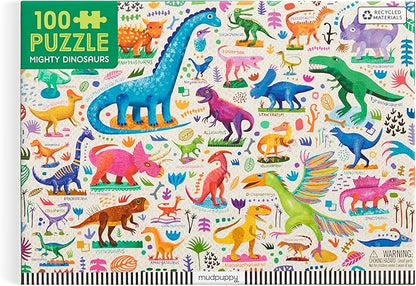 Mudpuppy Mighty Dinosaurs 100 Piece Puzzle – 100 Piece Jigsaw Puzzle with Colorful and Fun Illustrations of Jurassic Creatures for Children Ages 5 and Up