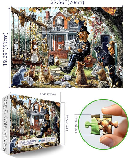 Cats and Dogs 1000 Piece Puzzle for Adults Unique Fall Scene with Victorian House Jigsaw Puzzles for Adults 1000 Pieces Family Challenging Puzzle (27.5"x19.6")