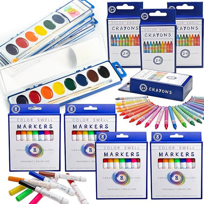 Color Swell Art Supplies Pack - 4 Packs Each of Watercolors, Crayons, and Markers