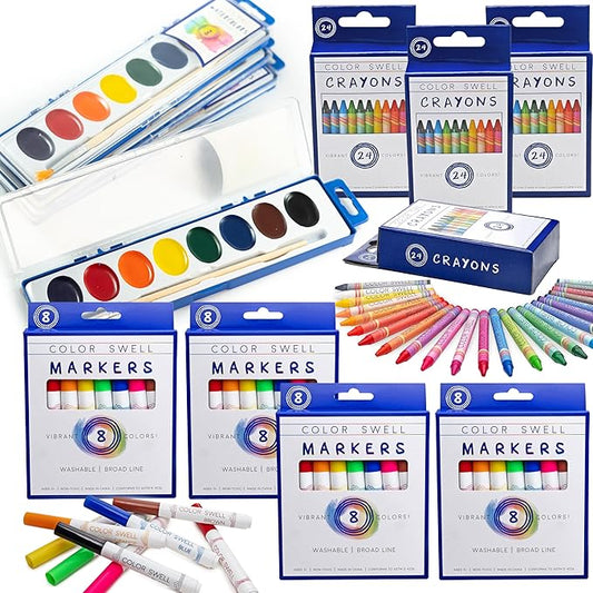 Color Swell Art Supplies Pack - 4 Packs Each of Watercolors, Crayons, and Markers