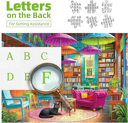 1000 Piece Jigsaw Puzzle for Adults Colorful Cozy Book Cafe Library Scene with Black Cat Puzzles with Letters on Back Fun for Seniors & Game Night Adult Games (27.5" x 19.7")