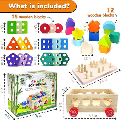 Wooden Shape Sorter Toy, Shape Stacking Toys for toddlers 1-3, Montessori Toys for 1 2 3 Year Old Kids and Toddlers, Wooden Shape Sorter Baby Toys, Sensory Toys for Toddlers 1-3 Wooden Stacking Blocks