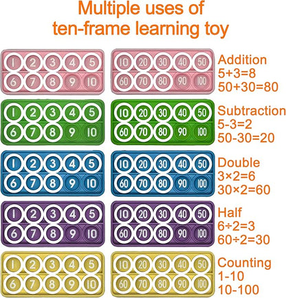 Ten Frame Pop Math Manipulatives - Set of 10 Silicone Fidget Toys for Kindergarten Classrooms - Engaging Educational Counting & Addition Toys for Kids 3 4 5 Years Old