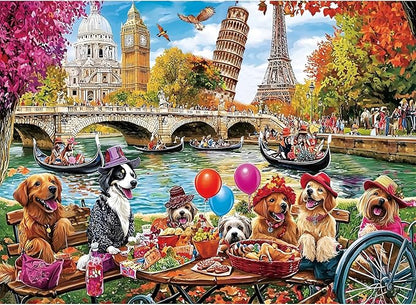 Puzzles for Adults 500 Pieces - Fun Picnic Pups Around The World Puzzle, Dog Gone Days Jigsaw Puzzle, Camping Animal Puzzles for Teens 12-16, Impossible Puzzle Perfect for Game Nights 20.5X 15 in