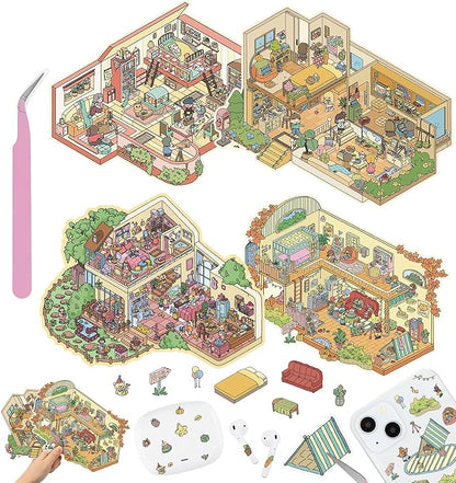 DIY 3D House Stickers, 4 Sets Fun DIY Stickers Scene Make Your Own Mini House Cute Cartoon Animal Scene Stickers for Kids Adult Sticker Art Relief Stress Pass The Time- Large Size