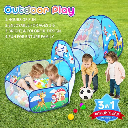 3 in 1 Kids Play Tent for Toddler with Baby Ball Pit and Play Tunnel, Children Indoor Outdoor Playhouse with Climbing Tunnel Toy for Toddlers, Boys and Girls Best Birthday Gifts (3pc Jungle Ball Pit)