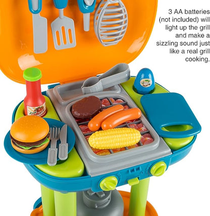 BBQ Grill Toy Set - Interactive Play Kitchen Set with Lights and Sounds, Wheels, Toy Food, and Cooking Accessories by Hey! Play!, Multicolor, (80-PP-TK081711)