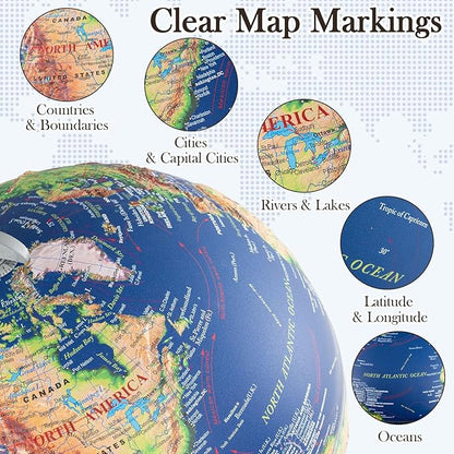 COSTWAY 12” Illuminated World Globe, Geography Educational Globe with Built-in LED Night Light, Wooden Stand, Clear Map for Kids & Adults Learning, Desktop Globes for Students, Decoration (Navy)