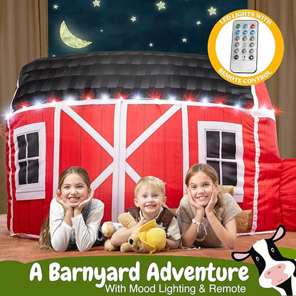 W&O Farmhouse Barn Aerodome with LED Lights & Farm Sound Button – Inflatable Farm Play Tent – Kids Play Tent Indoor – Sets Up in Seconds for Ages 3-12 (Fan Not Included)