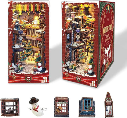 Christamas Book Nooks DIY Dollhouse Kit for Adults Bookshelf Decor with LED Lights 3D Wooden Puzzle Model Booknooks Kits Gifts for Family,Friends (Snowy Night)