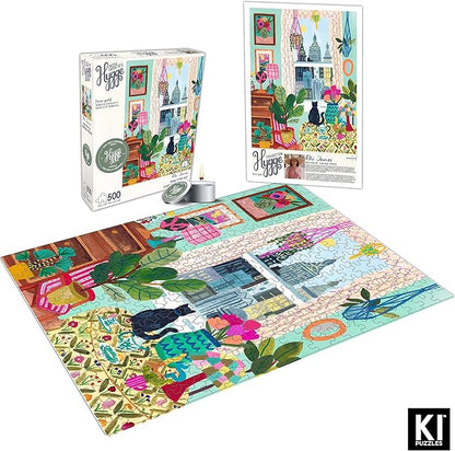 500 Piece Puzzle for Adults Hygge Collection Cat in Window Rhi James Blueboard Jigsaw and Candle by KI Puzzles