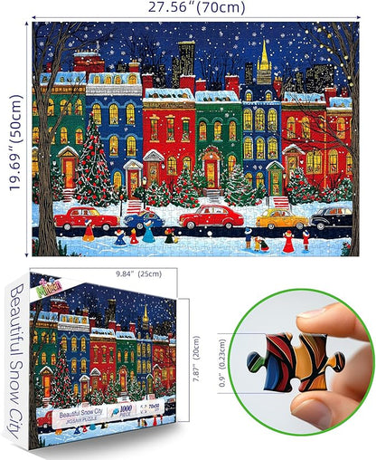 Vintage Winter Christmas City Jigsaw Puzzle 1000 Pieces for Adults with Back Letters - Snowy Nightscape with Santa Claus Trees Cars Family Challenge Gift Game Night Size (27.6x19.7) Inch