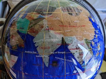 Limited Edition! Unique Art Since 1996 Blue Pearl Swirl Table Top Gemstone World Globe with Silver Zinc Alloy Stand (220MM/9 INCHES 4 LEG/BLUE PEARL OCEAN)