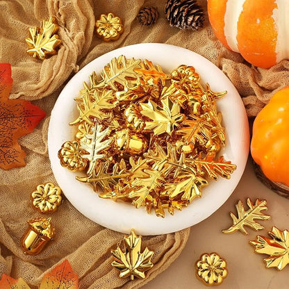 Thyle 120-140 Pcs/ 1 Ib Fall Vase Filler Golden Pumpkin Maple Leaves Acorn Sensory Bin Fillers Small Leaves Tiny Pumpkin Acorn Statue for Fall Thanksgiving Home Table Table Scatters Favor Vase Filler