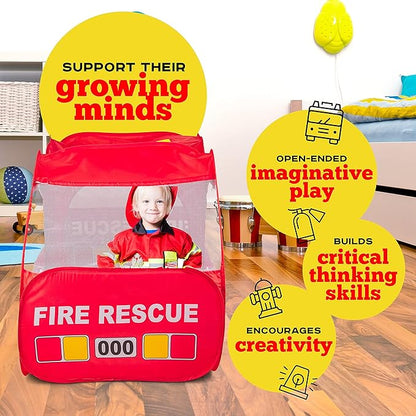 Kiddey Fire Truck Tent for Kids | Firetruck Play Tents with Sirens and Fireman Sounds for Girls, Boys, & Toddlers Gifts | Red Fire Engine Pop Up Playhouse with Costume | Indoor & Outdoor Baby Tent