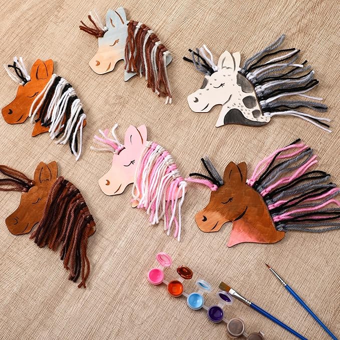 Geelin 24 Pcs Christmas Wooden Horse Craft Western Ornament Unfinished Wooden Cutouts Horse Painting Kit Unicorn Ornament DIY Cowboy Craft Paint Your Own Art for Christmas Party Favors(Cute)