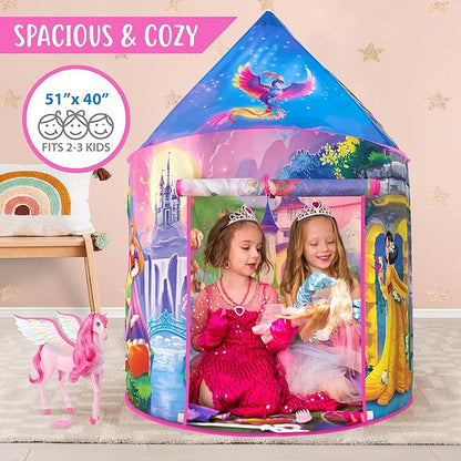 W&O Princess Tent with Fantasy Sound Button, LED Lights, Crown & Wand – Magical Indoor & Outdoor Playhouse for Kids Ages 3-8