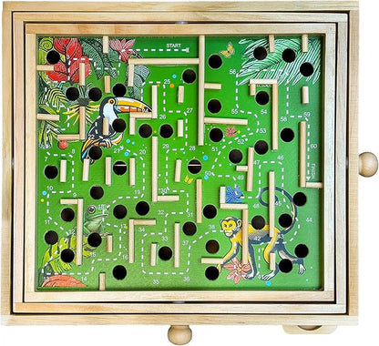 STERLING Wooden Labyrinth Marble Maze Game, Large 12.75" x 11.5" Tilt Maze Game Board with 60 Waypoints and Marble Balls Included, for Kids and Adults 6 Years and Up, Natural Jungle