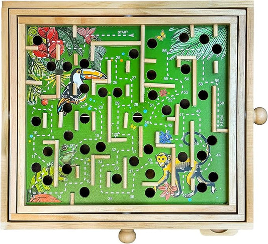 STERLING Wooden Labyrinth Marble Maze Game, Large 12.75" x 11.5" Tilt Maze Game Board with 60 Waypoints and Marble Balls Included, for Kids and Adults 6 Years and Up, Natural Jungle
