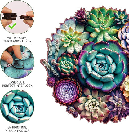 Wooden Jigsaw Puzzles - Mandala Succulent Plants, 100 Piece Luxurious Shaped Wooden Puzzles for Adults and Kids, Family Game, 7.7'' x 7.4''