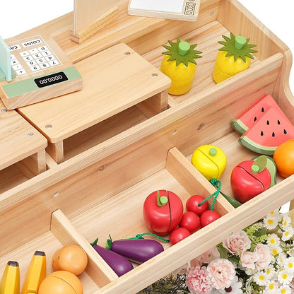 PairPear Wooden Mud Grocery Stand, 2-in-1 Outdoor Market Stand & Mud Kitchen for Kids Outdoor, Montessori Pretend Play Toy with 14 Accessories, Cash Register & Play Food, Ages 3+