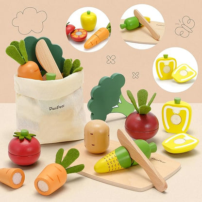 PairPear Wooden Toys Play Food Sets for Kids Kitchen, Kids Toy Food Cutting Vegetables Set for Toddlers 3+ Years Old, Pretend Food Play Kitchen Accessories for Girls and Boys