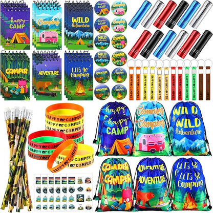 Zhanmai 140 Pcs Fall Camping Party Favors Gifts Silicone Bracelets Stickers Camping Keychain Badge Camouflage Pencils Spiral Camp Adventure Theme Notepads Happy Drawstring Bags Mini Flashlight for Kid