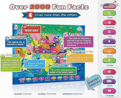 V2 Interactive Kids Map Bilingual United States Map for Kids Learning, Educational Talking USA Map Poster Geography Games Personalized Kids Toys for Boys & Girls Ages 3-12