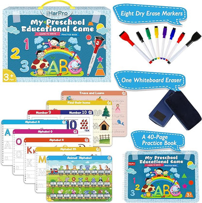 Handwriting Practice - Tracing Books for Kids Ages 3-5, Montessori Preschool Learning Activity, Autism Educational Learn Number Letters Shapes Animal & Sight Words Workbook with 8 Dry Erase Markers