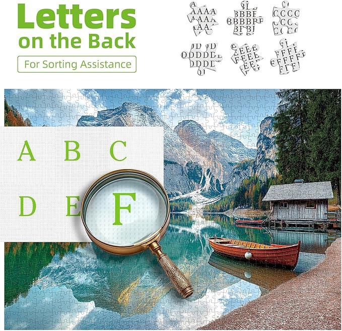 Braies Lake Jigsaw Puzzles 1000 Pieces Nature Landscape Puzzles for Adults 1000 Pieces with Letters on Back Hard Impossible Difficult Challenging Family Puzzle Mountain Lake Scenery Puzzles