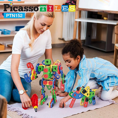PicassoTiles 152pc STEM Construction Toy Building Set for Kids Ages 3+ Includes Power Drill, Ratchet, Idea Book, Storage Box Educational Engineering Science Kit & Sensory Toys for Boys & Girls PTN152