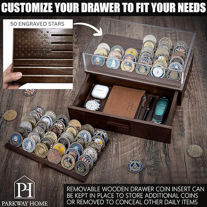 Military Challenge Coins Display Holder with American Flag and Clear Cover - Solid Wood Challenge Coin Stand with Drawer, Challenge Coin Display Case for Collector, Military Coin Holder Rack for Desk