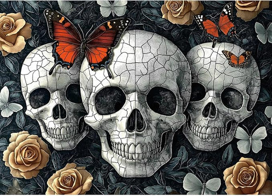 Halloween Gothic Skulls & Butterflies 1000 Piece Puzzle for Adults - Dark Fantasy Jigsaw Puzzle with Intricate Skulls, Monarch Butterflies & Roses - Challenging 1000-Piece Puzzle for Adults(27"x19")