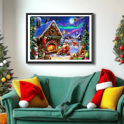 Christmas 500 Piece Jigsaw Puzzle for Adults - 23x15 Inch Santa Claus Reindeer Aurora Borealis Cabin with Unique Shaped Pieces, Home Decor