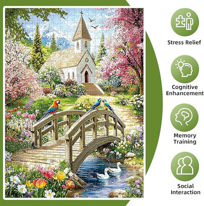 Puzzles for Adults 500 Pieces,Charming Lakeside Church Puzzle for Adults,Beautiful Flower & Parrot Jigsaw Puzzles for Kids Seniors Teens,Puzzles for Family Game Nights & Holiday Party Gifts,20.5x15 In