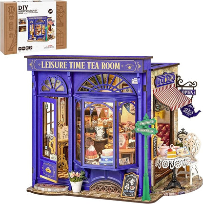 ROBOTIME DIY Miniature House Kit, Bakery Diorama House, Tiny House Kit for Adults, Mini Dollhouse Kit with Furniture Birthday Christmas Craft Hobbies Gift for Family/Friends (Leisure Time Tea Room)
